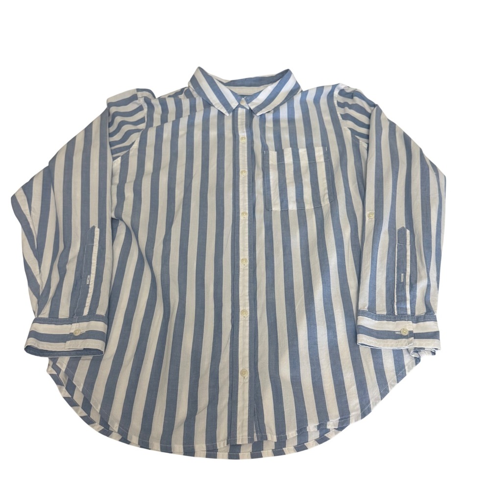 L.L. Bean Button Down Shirt Striped Organic Cotton Women Large Blue White
